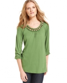 Macrame trim adds a fashionable flair to otherwise classic Alfani top -- perfect for simple summer style! Macrame trim adds a fashionable flair to otherwise classic Alfani top -- perfect for simple summer style!