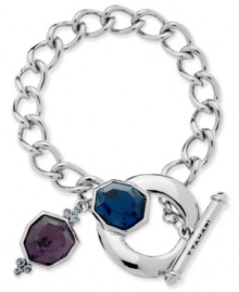Like links? This bracelet from T Tahari, crafted from silver-tone, nickel-free mixed metal, has a toggle closure and is adorned with purple and blue accents. Approximate length: 7-1/2 inches + 1-inch extender. Like links? This bracelet from T Tahari, crafted from silver-tone, nickel-free mixed metal, has a toggle closure and is adorned with purple and blue accents. Approximate length: 7-1/2 inches + 1-inch extender.