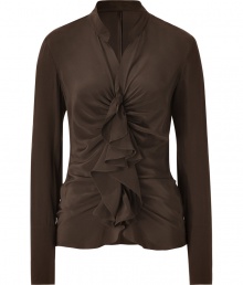 Romantic ruffles cover this super versatile silk top from Steffen Schraut - Stand collar, V-neck, ruffle front with draping, long sleeves, fitted silhouette - Pair with skinny jeans, slim trousers, or a pencil skirt Romantic ruffles cover this super versatile silk top from Steffen Schraut - Stand collar, V-neck, ruffle front with draping, long sleeves, fitted silhouette - Pair with skinny jeans, slim trousers, or a pencil skirt