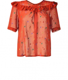 Stylish blouse in fine, orange-rust silk - Wonderfully light and flattering - Feminine, slim fit with decorative ruffled draping - Fashionable print - Moderately long with short sleeves and a round neckline - A color hit with neutral bottoms - Pair with a pencil skirt, wide flared pants, leather pants Stylish blouse in fine, orange-rust silk - Wonderfully light and flattering - Feminine, slim fit with decorative ruffled draping - Fashionable print - Moderately long with short sleeves and a round neckline - A color hit with neutral bottoms - Pair with a pencil skirt, wide flared pants, leather pants