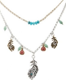Two of a kind. A double-row layered silhouette sets apart this must-have multi charm necklace from Lucky Brand. Featuring feathers and an array of beads (both semiprecious and plastic), it's crafted in a chic combination of gold tone and silver tone mixed metal. Nickel-free for sensitive skin. Approximate length: 16 inches. Approximate drop: 3 to 12 inches. Two of a kind. A double-row layered silhouette sets apart this must-have multi charm necklace from Lucky Brand. Featuring feathers and an array of beads (both semiprecious and plastic), it's crafted in a chic combination of gold tone and silver tone mixed metal. Nickel-free for sensitive skin. Approximate length: 16 inches. Approximate drop: 3 to 12 inches.