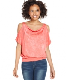 Shoulder cutouts and a slouchy-cool fit make this printed top from BCX a cute style pick for hanging with the girls! Shoulder cutouts and a slouchy-cool fit make this printed top from BCX a cute style pick for hanging with the girls!