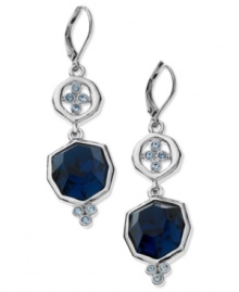 Stylish in silver. T Tahari puts a faceted blue Montana glass stone front and center, with light sapphire accents for a tranquil effect. The base of these drop earrings are crafted from silver tone, nickel-free mixed metal. Approximate drop: 2-1/4 inches.