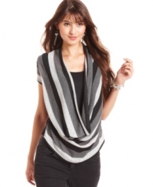 Sporting a crochet-knit back and striped, cowl neck overlay, Ultra Flirt's short sleeve top comes fully loaded with cool style! Sporting a crochet-knit back and striped, cowl neck overlay, Ultra Flirt's short sleeve top comes fully loaded with cool style!