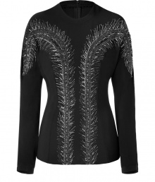 Luxurious top in a fine black silk blend - Glamorously embroidered in a feather design with sequins - The silhouette is slim and feminine fitted with a round neck and long sleeves - Back zipper - A dream of a top and upgrade for simple basics - Smashing with wide flared trousers, leather pants, tuxedo pants
