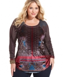 Get smooth casual style with One World's long sleeve plus size top, finished by a velvet front. Get smooth casual style with One World's long sleeve plus size top, finished by a velvet front.