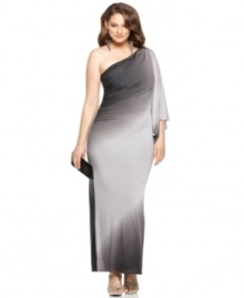 This dark-hued ombre gown adds more than a dash of intrigue to your evening look. Onyx's plus size dress features a stunning one-shoulder style and sleek, fitted silhouette. This dark-hued ombre gown adds more than a dash of intrigue to your evening look. Onyx's plus size dress features a stunning one-shoulder style and sleek, fitted silhouette.