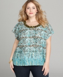 Dazzle from day to night in Style&co.'s short sleeve plus size top, spotlighting a lively print and embellished neckline. Dazzle from day to night in Style&co.'s short sleeve plus size top, spotlighting a lively print and embellished neckline.