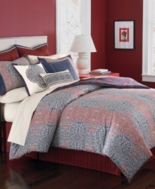 A majestic palace awaits with this Palace Blockprint duvet cover set from Martha Stewart Collection. Featuring an intricate and exotic print in bold red and navy blue hues, this set comes complete with a bedskirt and shams for a regal presentation.