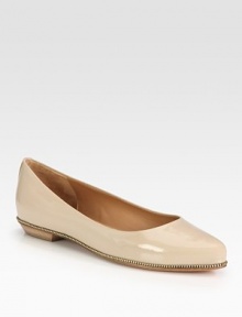 Classic point toe favorite of lustrous patent leather is modernized with zipper-detailed trim. Stacked heel, 1½ (40mm)Patent leather upper with zipper trimPoint toeLeather lining and solePadded insoleMade in ItalyOUR FIT MODEL RECOMMENDS ordering one half size up as this style runs small. 