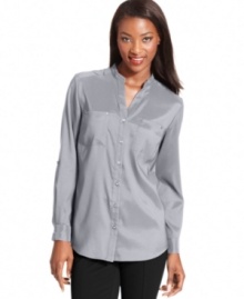 This chic blouse from Style&co. is a versatile top to have in your wardrobe--pair with colored pants or pencil skirts for vibrant ensembles. This chic blouse from Style&co. is a versatile top to have in your wardrobe--pair with colored pants or pencil skirts for vibrant ensembles.