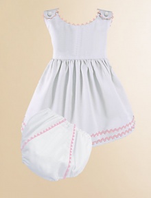 An adorable look for a picnic or a portrait in lightweight cotton piqué with pretty rick rack trim and a matching diaper cover. Covered button shoulder closures High waist Cotton; machine wash Made in USA Please note: Diaper cover cannot be personalized.FOR PERSONALIZATION Select a quantity, then scroll down and click on PERSONALIZE & ADD TO BAG to choose and preview your personalization options. Please allow 2 to 3 weeks for delivery. An adorable look for a picnic or a portrait in lightweight cotton piqué with pretty rick rack trim and a matching diaper cover. Covered button shoulder closures High waist Cotton; machine wash Made in USA Please note: Diaper cover cannot be personalized.FOR PERSONALIZATION Select a quantity, then scroll down and click on PERSONALIZE & ADD TO BAG to choose and preview your personalization options. Please allow 2 to 3 weeks for delivery.