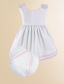 An adorable look for a picnic or a portrait in lightweight cotton piqué with pretty rick rack trim and a matching diaper cover. Covered button shoulder closures High waist Cotton; machine wash Made in USA Please note: Diaper cover cannot be personalized.FOR PERSONALIZATION Select a quantity, then scroll down and click on PERSONALIZE & ADD TO BAG to choose and preview your personalization options. Please allow 2 to 3 weeks for delivery.