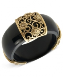 Intricately ornate. This black cuff bracelet from T Tahari, part of its Deco Lace Collection, features gold-tone details and glass crystals for a stylish statement. Approximate diameter: 2 inches. Intricately ornate. This black cuff bracelet from T Tahari, part of its Deco Lace Collection, features gold-tone details and glass crystals for a stylish statement. Approximate diameter: 2 inches.