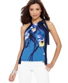 A pretty grosgrain ribbon bow tie pulls together this floral-printed T Tahari halter top for sweet spring look! A pretty grosgrain ribbon bow tie pulls together this floral-printed T Tahari halter top for sweet spring look!