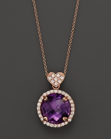 An amethyst and diamond pendant necklace in rose gold with signature heart bail from Lisa Nik's Rocks collection. An amethyst and diamond pendant necklace in rose gold with signature heart bail from Lisa Nik's Rocks collection.
