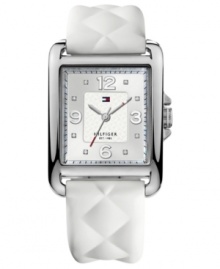The quilted silicone strap of this Tommy Hilfiger watch adds a stylish touch to a sporty design. The quilted silicone strap of this Tommy Hilfiger watch adds a stylish touch to a sporty design.