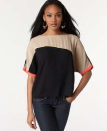 Go graphic in this colorblocked Rachel Rachel Roy boxy blouse -- neon trim adds a pop of pep! Go graphic in this colorblocked Rachel Rachel Roy boxy blouse -- neon trim adds a pop of pep!