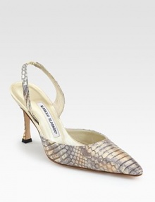 A metallic finish adds a hint of sheen to this point toe slingback in textured snake-print leather. Self-covered heel, 3½ (90mm)Snake-print leather upper with metallic finishPoint toeElasticized slingback strapLeather lining and solePadded insoleMade in Italy A metallic finish adds a hint of sheen to this point toe slingback in textured snake-print leather. Self-covered heel, 3½ (90mm)Snake-print leather upper with metallic finishPoint toeElasticized slingback strapLeather lining and solePadded insoleMade in Italy