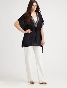 Sparkling embellishments meet fine, Indian fabrication.This pretty top features a drawstring waist to give you a perfectly accentuated silhouette. Embellished v-necklineKimono sleevesDrawstring waistPull-on styleAbout 31 from shoulder to hemRayonHand washImported Sparkling embellishments meet fine, Indian fabrication.This pretty top features a drawstring waist to give you a perfectly accentuated silhouette. Embellished v-necklineKimono sleevesDrawstring waistPull-on styleAbout 31 from shoulder to hemRayonHand washImported