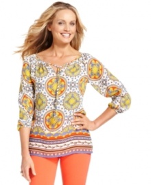 A colorful status print elevates Charter Club's peasant top into a luxe essential for casual days. A colorful status print elevates Charter Club's peasant top into a luxe essential for casual days.