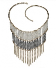 Setting the tone. Robert Rose makes mesh go three steps beyond with this tri-tone frontal chain. It's elegance times three. Crafted in mixed metal. Approximate length: 15 inches + 3-inch extender. Approximate drop: 8 inches. Setting the tone. Robert Rose makes mesh go three steps beyond with this tri-tone frontal chain. It's elegance times three. Crafted in mixed metal. Approximate length: 15 inches + 3-inch extender. Approximate drop: 8 inches.