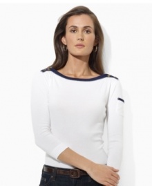 Lauren Jeans Co.'s cotton jersey top is infused with nautical inspiration, rendered with a contrasting bateau neckline and chic buttons at the shoulders. Lauren Jeans Co.'s cotton jersey top is infused with nautical inspiration, rendered with a contrasting bateau neckline and chic buttons at the shoulders.