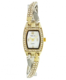 Get twisted up in the chic style of this unique watch by Style&co. Two-tone mixed metal crossover bracelet with crystal accents and rectangular case. Bezel embellished with crystal accents. Mother-of-pearl dial features gold tone numerals at twelve, three, six and nine o'clock, three hands and logo. Quartz movement. Two-year limited warranty. Get twisted up in the chic style of this unique watch by Style&co. Two-tone mixed metal crossover bracelet with crystal accents and rectangular case. Bezel embellished with crystal accents. Mother-of-pearl dial features gold tone numerals at twelve, three, six and nine o'clock, three hands and logo. Quartz movement. Two-year limited warranty.