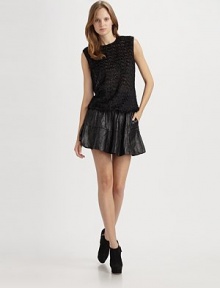 A luxe organza sheath woven with feathers for a unique, textured finish.Jewel necklineSleevelessElastic hemKeyhole button backAbout 23 from shoulder to hemPolyesterDry cleanMade in USA of imported fabric A luxe organza sheath woven with feathers for a unique, textured finish.Jewel necklineSleevelessElastic hemKeyhole button backAbout 23 from shoulder to hemPolyesterDry cleanMade in USA of imported fabric