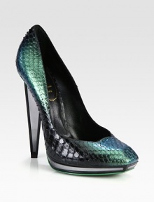 An iridescent watersnake pump with a mirrored platform and heel for modern appeal. Mirrored heel, 5¼ (130mm)Mirrored platform, ¾ (20mm)Compares to a 4½ heel (115mm)Watersnake upperSquare toeLeather lining and solePadded insoleMade in Italy An iridescent watersnake pump with a mirrored platform and heel for modern appeal. Mirrored heel, 5¼ (130mm)Mirrored platform, ¾ (20mm)Compares to a 4½ heel (115mm)Watersnake upperSquare toeLeather lining and solePadded insoleMade in Italy