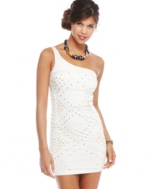 Balmy weather calls for the perfect little white dress and this one-shoulder style from XOXO delivers! Sprinkled in metallic studs and flaunting a super snug fit, it's a dress that makes an entrance at any party! Balmy weather calls for the perfect little white dress and this one-shoulder style from XOXO delivers! Sprinkled in metallic studs and flaunting a super snug fit, it's a dress that makes an entrance at any party!