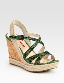 Python stamped leather criss-cross design with an espadrille slingback and cork wedge. Cork and hemp wedge, 4 (100mm)Cork and hemp platform, 1 (25mm)Compares to a 3 heel (75mm)Python stamped leather and hemp upperLeather liningRubber solePadded insoleImported Python stamped leather criss-cross design with an espadrille slingback and cork wedge. Cork and hemp wedge, 4 (100mm)Cork and hemp platform, 1 (25mm)Compares to a 3 heel (75mm)Python stamped leather and hemp upperLeather liningRubber solePadded insoleImported