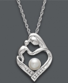 There's nothing like a mother's embrace. This symbolic pendant features a mother and child in a loving heart shape. Necklace combines polished sterling silver, a cultured freshwater pearl (5 mm), and sparkling diamond accents. Approximate length: 18 inches. Approximate drop: 3/4 inch. There's nothing like a mother's embrace. This symbolic pendant features a mother and child in a loving heart shape. Necklace combines polished sterling silver, a cultured freshwater pearl (5 mm), and sparkling diamond accents. Approximate length: 18 inches. Approximate drop: 3/4 inch.