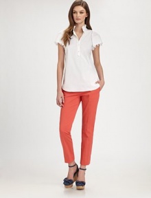 Embroidery-adorned flutter sleeves add an element of ultra-feminine surprise to this crisp blouse.Ruffle stand collarEmbroidered trim on short sleevesButton placketCurved hemBack yokeAbout 25 shoulder to hem74% cotton/21% nylon/ 5% elastaneImportedDry clean Model shown is 5'10 (177cm) wearing US size 4. Embroidery-adorned flutter sleeves add an element of ultra-feminine surprise to this crisp blouse.Ruffle stand collarEmbroidered trim on short sleevesButton placketCurved hemBack yokeAbout 25 shoulder to hem74% cotton/21% nylon/ 5% elastaneImportedDry clean Model shown is 5'10 (177cm) wearing US size 4.