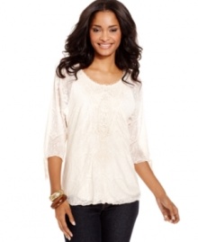 Crochet and lace inspiration abounds on this alluring top from Style&co., featuring sheer sleeves with drawstring cuffs. Adds a romantic vintage feel to your favorite jeans! Crochet and lace inspiration abounds on this alluring top from Style&co., featuring sheer sleeves with drawstring cuffs. Adds a romantic vintage feel to your favorite jeans!