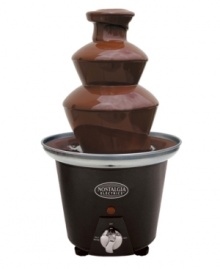 The life of the party! Break out this mini chocolate fondue fountain whenever you want to guarantee a good time. Simply add melted chocolate and let guests dip their favorite treats into the two tiers of indulgent chocolate. Holding over 2 pounds of chocolate and coming with 4 fondue forks, this fountain takes your party to the next level. 3-month warranty. Model CFF-965. The life of the party! Break out this mini chocolate fondue fountain whenever you want to guarantee a good time. Simply add melted chocolate and let guests dip their favorite treats into the two tiers of indulgent chocolate. Holding over 2 pounds of chocolate and coming with 4 fondue forks, this fountain takes your party to the next level. 3-month warranty. Model CFF-965.