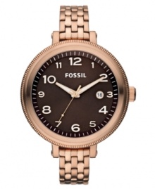 An oversized dial and slim stainless steel bracelet set the table for rosy hues on this Bridgette collection watch from Fossil. An oversized dial and slim stainless steel bracelet set the table for rosy hues on this Bridgette collection watch from Fossil.