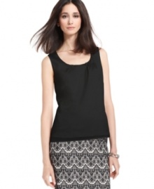 Delicate pleating makes a simple shell from Tahari by ASL into a soft statement piece, perfect for working into your office wardrobe. Delicate pleating makes a simple shell from Tahari by ASL into a soft statement piece, perfect for working into your office wardrobe.