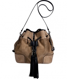 Set the style bar with Sara Battaglias statement drawstring shoulder bag, detailed in easy-to-wear nude hues, guaranteed to make an ultra chic impact - Taupe and sand suede with black leather detailing, removable black leather shoulder strap, chain-link handles, oversized drawstring tassels, silver-toned hardware, studded front panel, green satin lining - Carry with edgy separates and sleek black accessories Set the style bar with Sara Battaglias statement drawstring shoulder bag, detailed in easy-to-wear nude hues, guaranteed to make an ultra chic impact - Taupe and sand suede with black leather detailing, removable black leather shoulder strap, chain-link handles, oversized drawstring tassels, silver-toned hardware, studded front panel, green satin lining - Carry with edgy separates and sleek black accessories