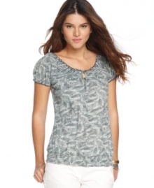 This easy printed top from Lucky Brand Jeans features a smocked scoop neckline you can wear off the shoulders as the weather warms. The feather print is so boho-chic, too! This easy printed top from Lucky Brand Jeans features a smocked scoop neckline you can wear off the shoulders as the weather warms. The feather print is so boho-chic, too!