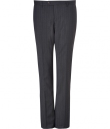 Sharpen up your tailored business look in Etros chic pinstriped wool pants - Flat front, belt loops, off-seam pockets, back welt pockets with buttons, creasing at legs - Modern slim fit - Style with a matching blazer, a printed button-down, and leather oxfords