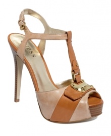 Charm them with your sense of style. The Kringana T-strap sandals by GUESS bring ladylike appeal to each step with their feminine take on the colorblocking trend. Charm them with your sense of style. The Kringana T-strap sandals by GUESS bring ladylike appeal to each step with their feminine take on the colorblocking trend.
