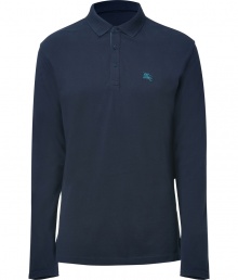 Build the foundations of your everyday staple separates wardrobe with Burberry Brits navy long sleeved cotton polo - Classic collar, partial buttoned front, embroidered logo, side slits, straight cut - Pair with favorite tweed blazers and chinos Build the foundations of your everyday staple separates wardrobe with Burberry Brits navy long sleeved cotton polo - Classic collar, partial buttoned front, embroidered logo, side slits, straight cut - Pair with favorite tweed blazers and chinos