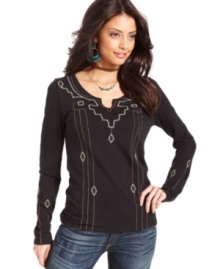 Geometric beading adds a global-inspired look to this Lucky Brand Jeans top -- perfectly paired with denim! Geometric beading adds a global-inspired look to this Lucky Brand Jeans top -- perfectly paired with denim!