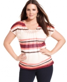 Partner your go-to casual bottoms with INC's short sleeve plus size top, showcasing on-trend stripes. Partner your go-to casual bottoms with INC's short sleeve plus size top, showcasing on-trend stripes.