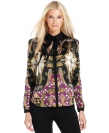 Vince Camuto's shirt features a removable tie at the neckline and a posh print that's perfect for infusing rich jewel tones into your fall wardrobe. Vince Camuto's shirt features a removable tie at the neckline and a posh print that's perfect for infusing rich jewel tones into your fall wardrobe.