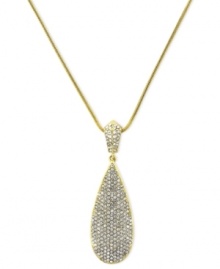 The bold standard. This necklace from Vince Camuto is crafted from gold-tone mixed metal with a teardrop pendant adorned with sparkling glass pave crystal accents for a shining touch. Approximate length: 18 inches. Approximate drop: 2 inches. The bold standard. This necklace from Vince Camuto is crafted from gold-tone mixed metal with a teardrop pendant adorned with sparkling glass pave crystal accents for a shining touch. Approximate length: 18 inches. Approximate drop: 2 inches.
