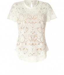 Ladylike lace goes boho-chic with this elegant fitted top from LAgence - Round neck, short flutter sleeves, fitted silhouette, curved hem, sheer patterned lace, nude-hued solid underlay, back keyhole opening with button - Pair with slim trousers, a pencil skirt, or skinny jeans Ladylike lace goes boho-chic with this elegant fitted top from LAgence - Round neck, short flutter sleeves, fitted silhouette, curved hem, sheer patterned lace, nude-hued solid underlay, back keyhole opening with button - Pair with slim trousers, a pencil skirt, or skinny jeans
