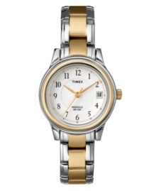 Contrasting metal tones and an elegant dial create this beautifully feminine watch by Timex. Two-tone stainless steel bracelet and round silver tone mixed metal case with gold tone bezel. White dial features black numerals and gold tone dot markers, subtle minute track, date window at three o'clock, gold tone hands, and logo. Quartz movement. Water resistant to 30 meters. One-year limited warranty. Contrasting metal tones and an elegant dial create this beautifully feminine watch by Timex. Two-tone stainless steel bracelet and round silver tone mixed metal case with gold tone bezel. White dial features black numerals and gold tone dot markers, subtle minute track, date window at three o'clock, gold tone hands, and logo. Quartz movement. Water resistant to 30 meters. One-year limited warranty.
