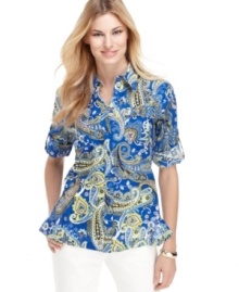 A paisley print brightens up a classic button-front shirt in this Jones New York Signature look. Pair it with everything from white denim to chinos for sophisticated style. A paisley print brightens up a classic button-front shirt in this Jones New York Signature look. Pair it with everything from white denim to chinos for sophisticated style.